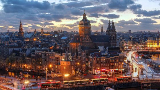 Aerial View of downtown Amsterdam, the Netherlands during sunset