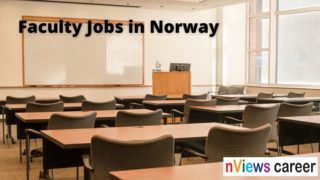 Faculty jobs in Norway - background is empty classroom with board, chairs, podium, mic'